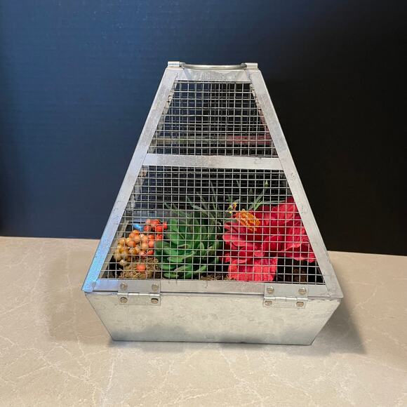 Galvanized metal faux flower terrarium cottage country home decor latch to open - Picture 5 of 8